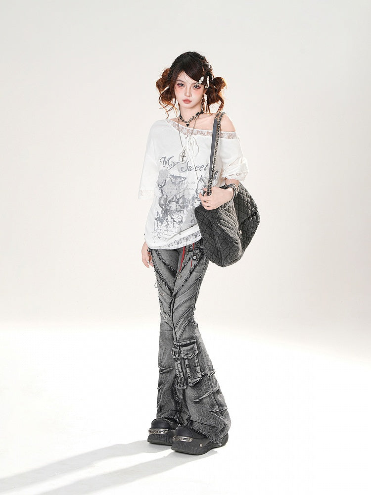 Asymmetrical Neckline Lace Trim Butterfly Print Black/White Loose T-shirt