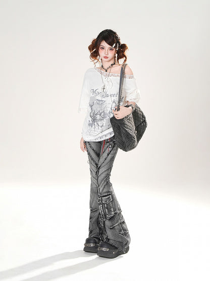 Asymmetrical Neckline Lace Trim Butterfly Print Black/White Loose T-shirt