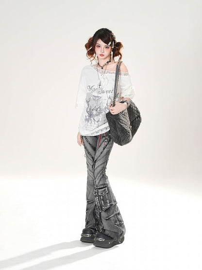 Black Faded Wash Cargo Pockets Raw Hem Distressed Flared Jeans