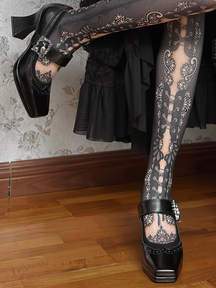 Black Gothic Crow And Skeleton Decorated Photo Frame Accent Square Toe High Heels