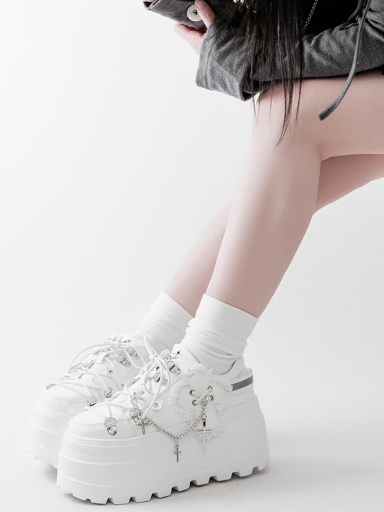 White Punk Front Lace-up Ties Design Platform Shoes With Detachable Cross Charm Chain