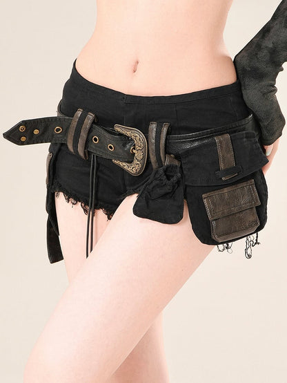 Black Low Rise Super Mini Shorts With Waist Belt