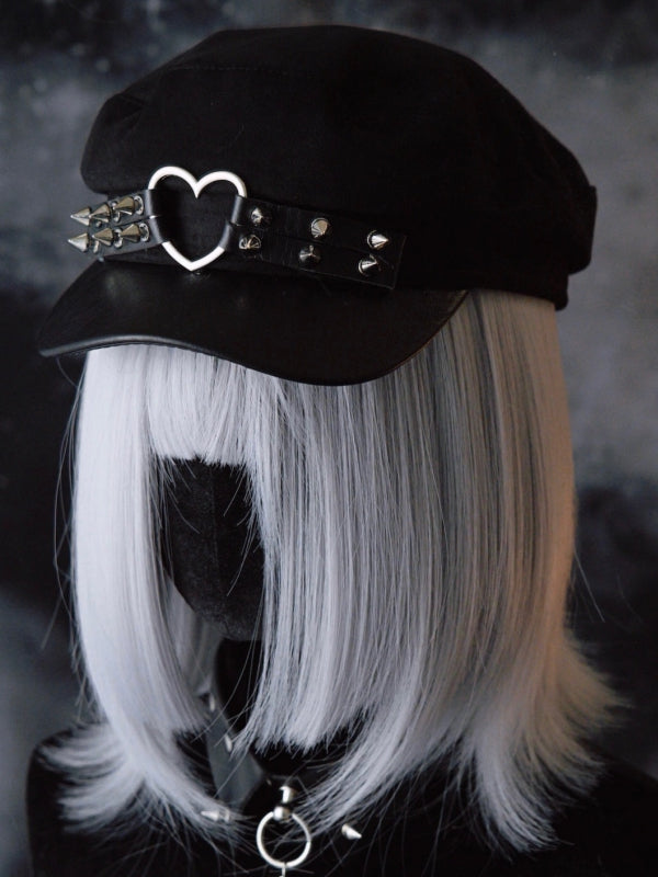 Black Gothic Heart Ring Studs Details Beret Hat