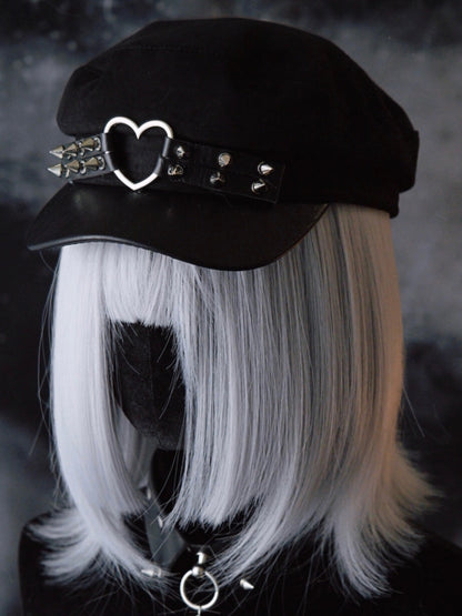 Black Gothic Heart Ring Studs Details Beret Hat