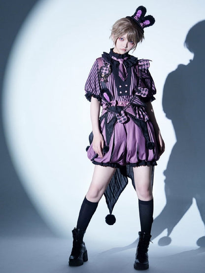 Clearance-Size L for Bust 100CM Kuromi Black and Purple Bunny Theme Circus Vibes Ouji Lolita Striped Pattern Top + Waist 64-74CM Bloomers Set