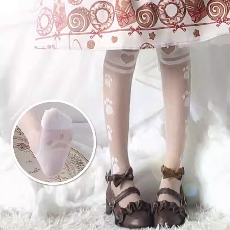 White Semi-sheer Cat Paw Print  Over Knee Stockings