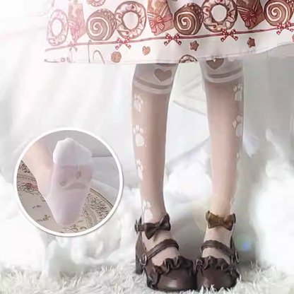 White Semi-sheer Cat Paw Print  Over Knee Stockings