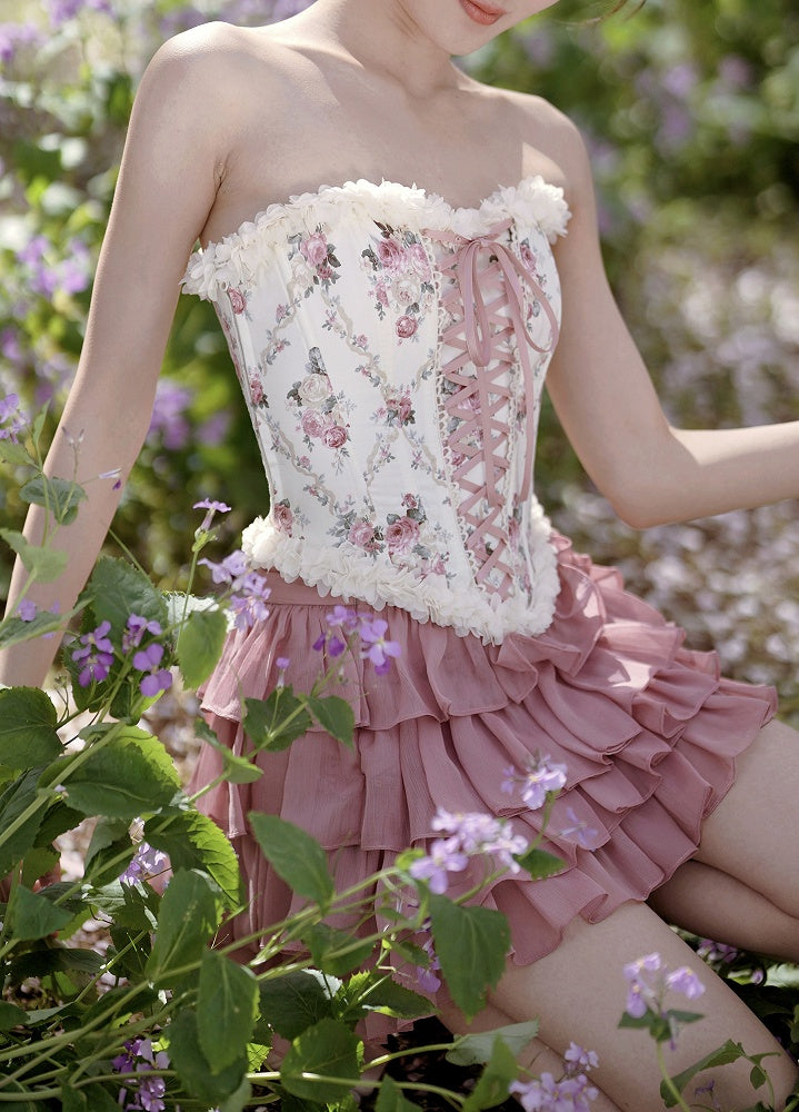 Lace-up Front and Back Floral Print Balletcore Boned Croset Top