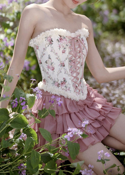 Lace-up Front and Back Floral Print Balletcore Boned Croset Top