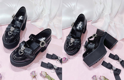 Jirai Kei Rhinestones Bow Clips Black Chunky Heels Landmine Style Platforms
