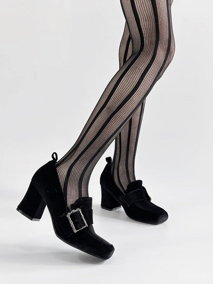 Gothic Velvet Black Square Toe High Block Heel Shoes