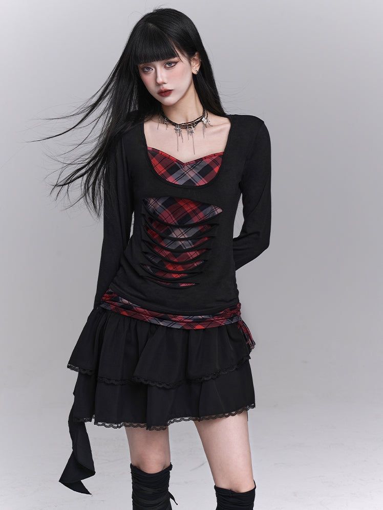 Sweetheart Neckline Distressed Holes Faux Two-pieces Red Plaid Top