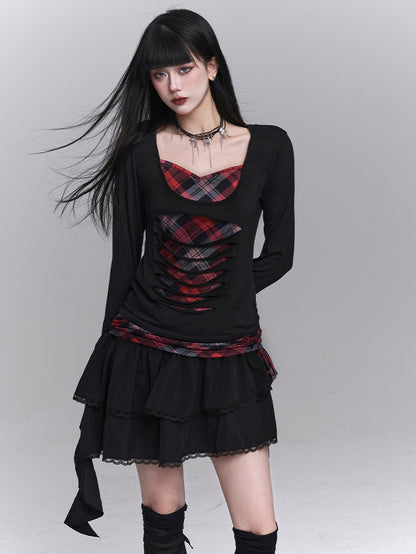 Sweetheart Neckline Distressed Holes Faux Two-pieces Red Plaid Top