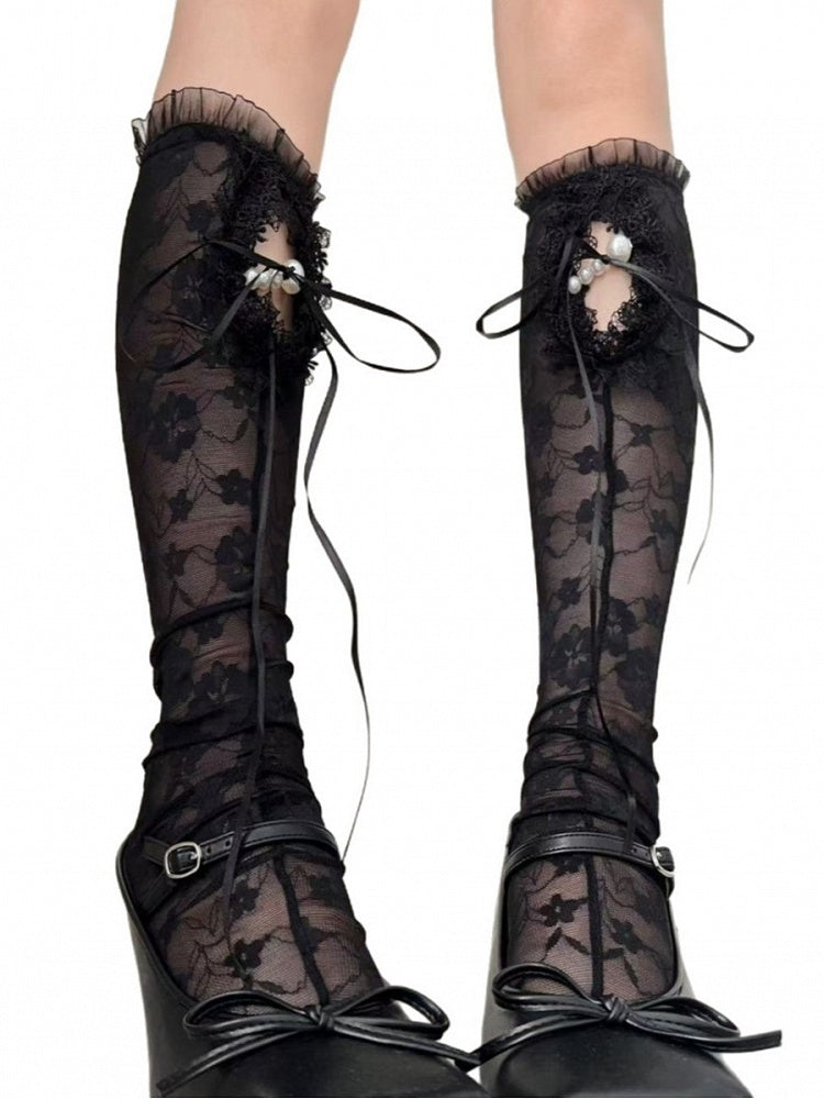Black Y2K Floral Pattern Self-tie Straps Semi-sheer Underknee Stockings With Pearl Charms