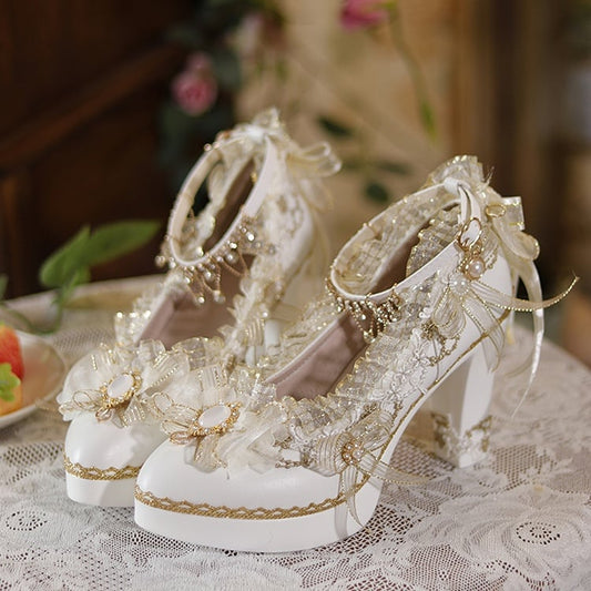 White & Gold Floral Design Crystal Embellished Hime Lolita High Block Heels