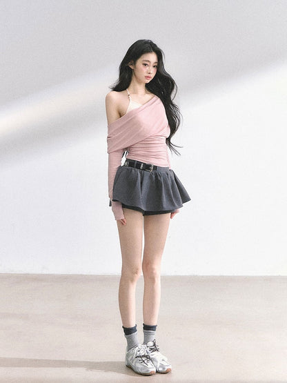 Pink Asymmetrical Neckline Faux Two-pieces Top