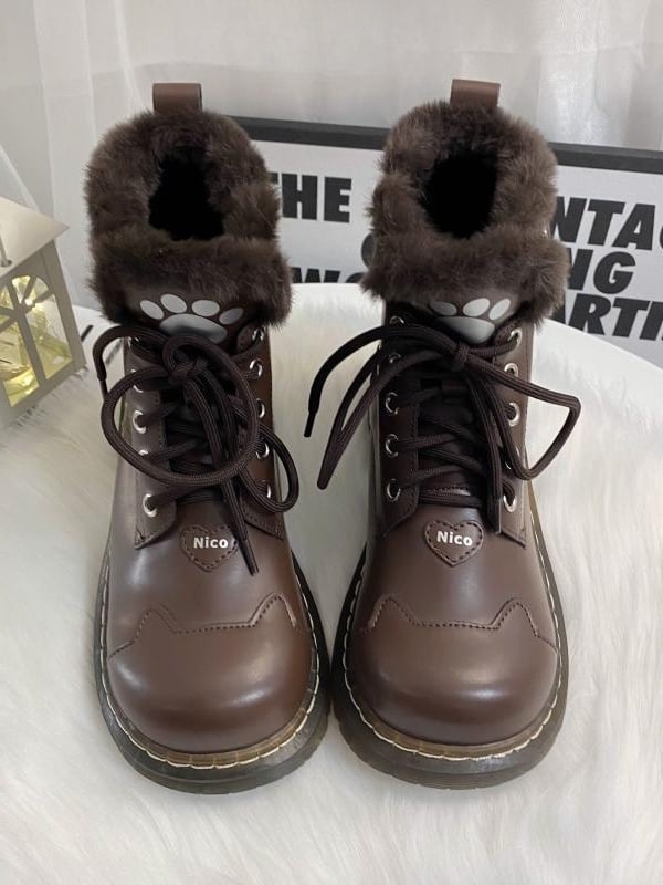 Coffee Cat Paw Heart Buckle Design Plush Lolita Winter Martin Boots
