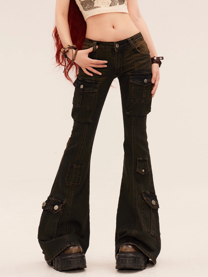 Black Low Rise Cargo Pockets Flared Jeans