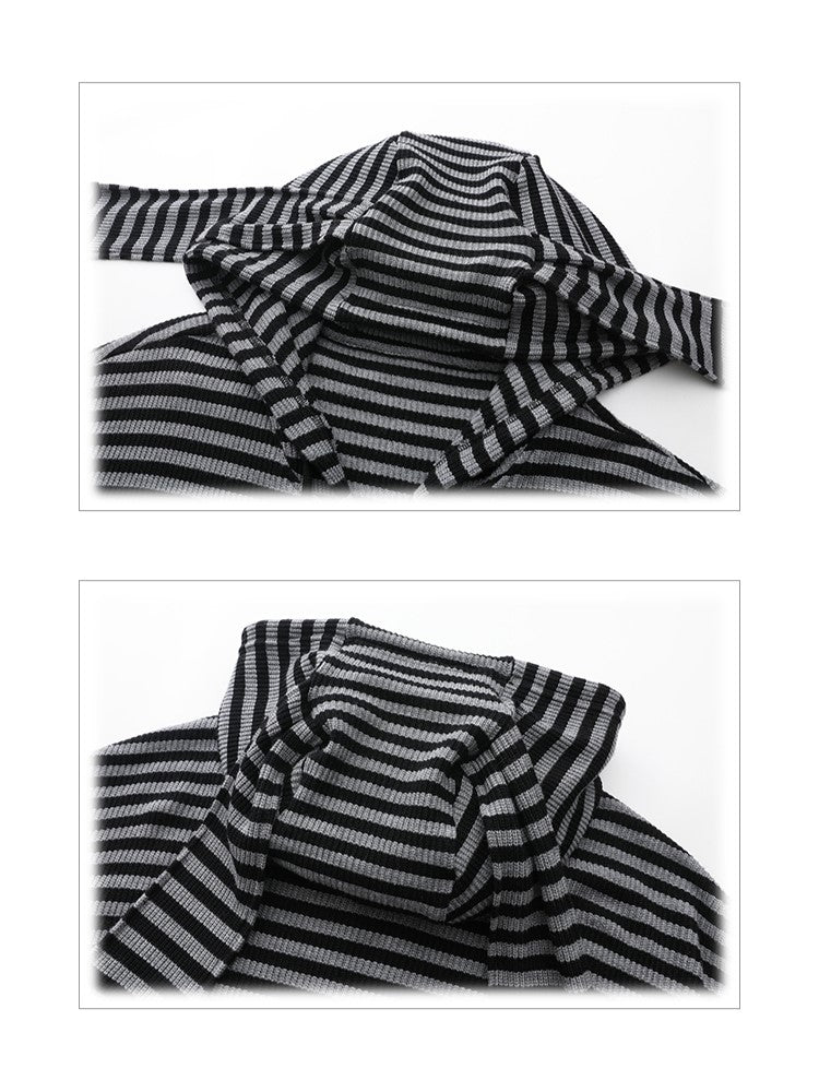 Plus Size Black & Gray Stripes Bunny Hoodie Jacket with Pompon Drawstrings