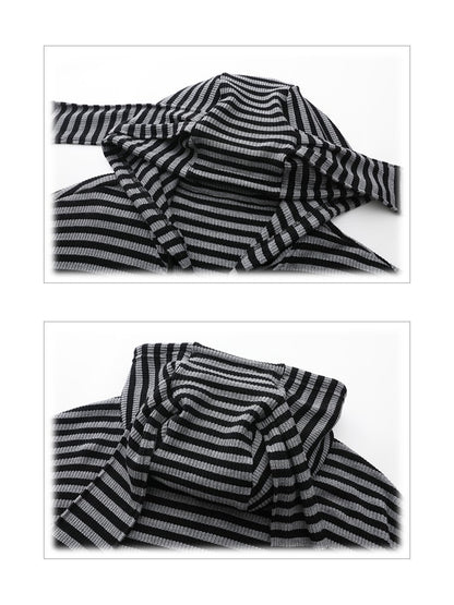 Plus Size Black & Gray Stripes Bunny Hoodie Jacket with Pompon Drawstrings