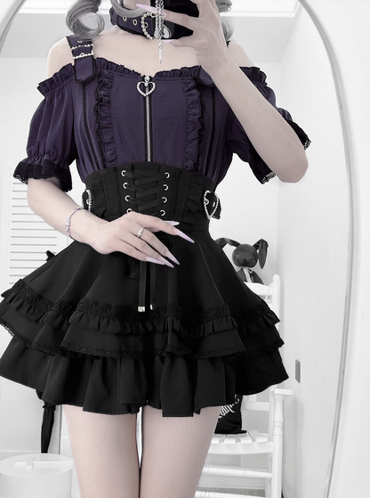 Jirai Kei Heart Buckles Lace-up Front and Back Black Tiered Skirt