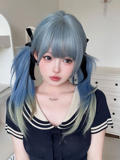 Blue Ombre Hair Color 65CM Length Hime Cut Straight Wig With Air Bangs