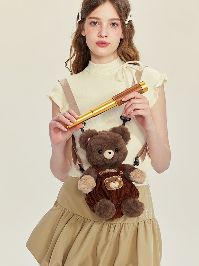 Chocolate Brown Cute Plush Bear Backpack + Overall Pants Middle/Large Size