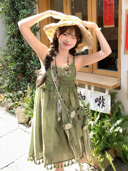 Green Tassel Hem Buttons Embellished Neckline Mori Kei Cami Dress