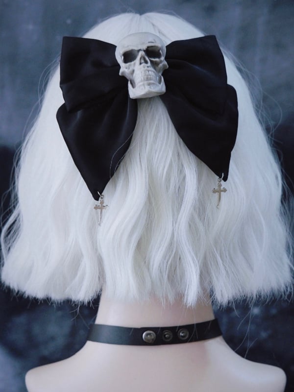 Cross Charm Gothic Black Skull Big Bow Hairclip