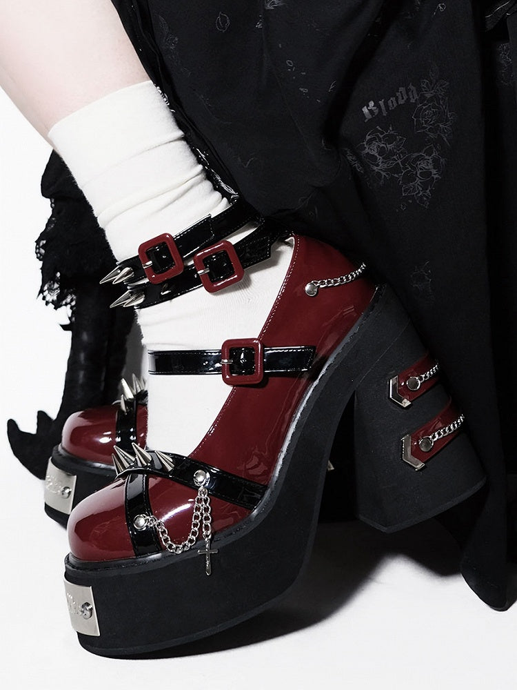 Studs and Chains Red and Black Gothic Punk Platform Block High Heels Ankle Straps