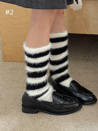 5 Options Y2K Striped Pattern Knitted Plush Leg Warmers