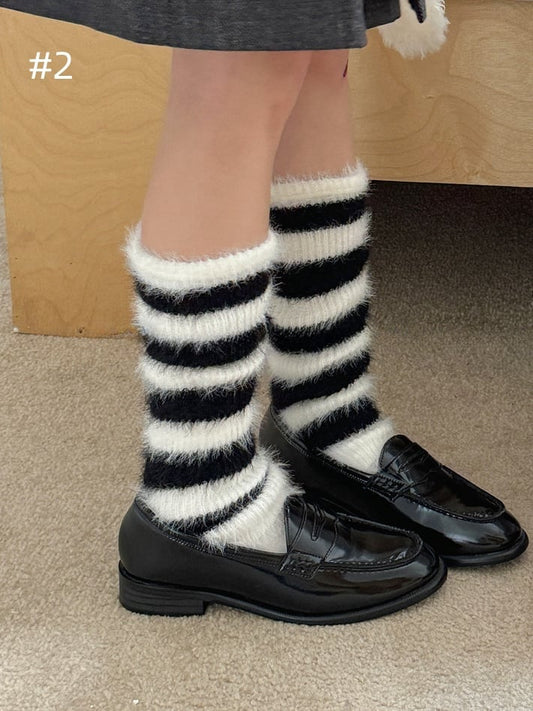 5 Options Y2K Striped Pattern Knitted Plush Leg Warmers