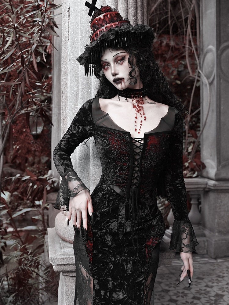 Bat Wings Shaped Neckline Romantic Goth Vampire Dress Velvet and Lace Mermaid Dress
