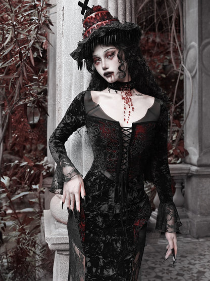 Bat Wings Shaped Neckline Romantic Goth Vampire Dress Velvet and Lace Mermaid Dress