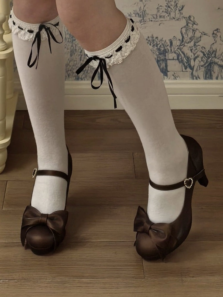 Brown PU Leather High-heel Shoes in Elegant Lolita with Rhinestone Heart Accent & Bow at Top