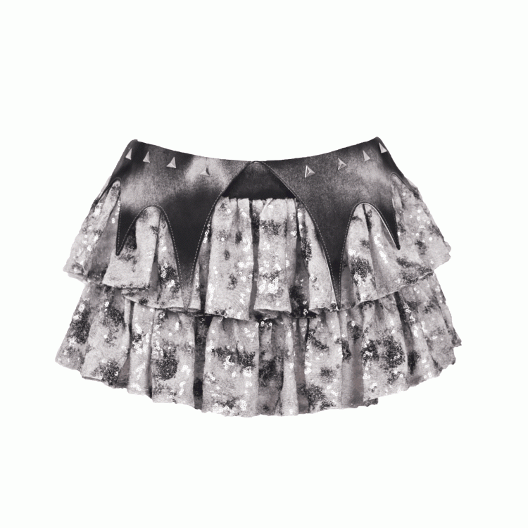Y3K Fashion Futuristic Silver Gray Low Waist Bat Wing Detail Waistband Sequins Tiered Cyberpunk Skirt