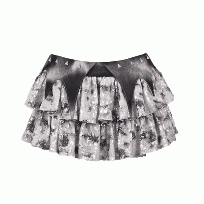Y3K Fashion Futuristic Silver Gray Low Waist Bat Wing Detail Waistband Sequins Tiered Cyberpunk Skirt