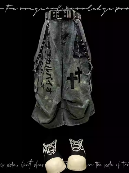 Wasteland Punk Light Blue Cross Appliques Distressed Wide-leg Cargo Jeans