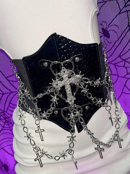 Y2K Punk Crosses Charm Black Heart Design Corset Belt with Chains
