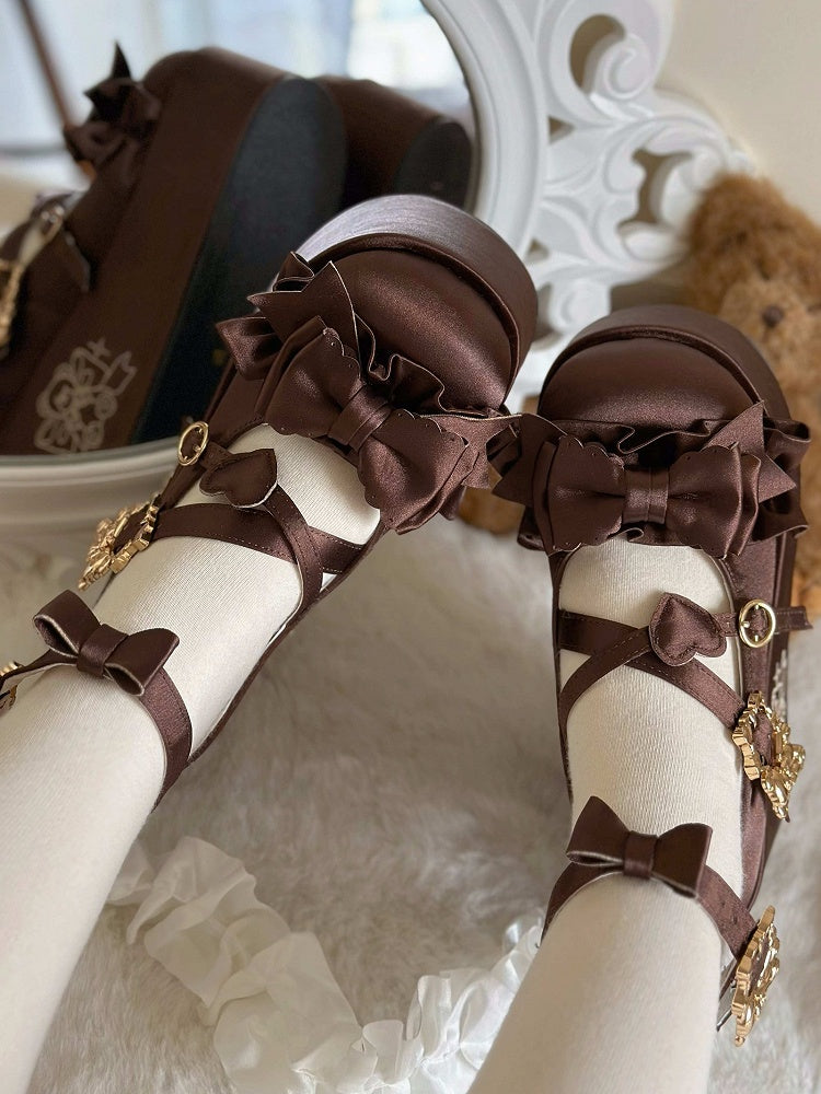 Brown Bear Buckle Straps Bowknot Platform Shoes with Bear Embroidery