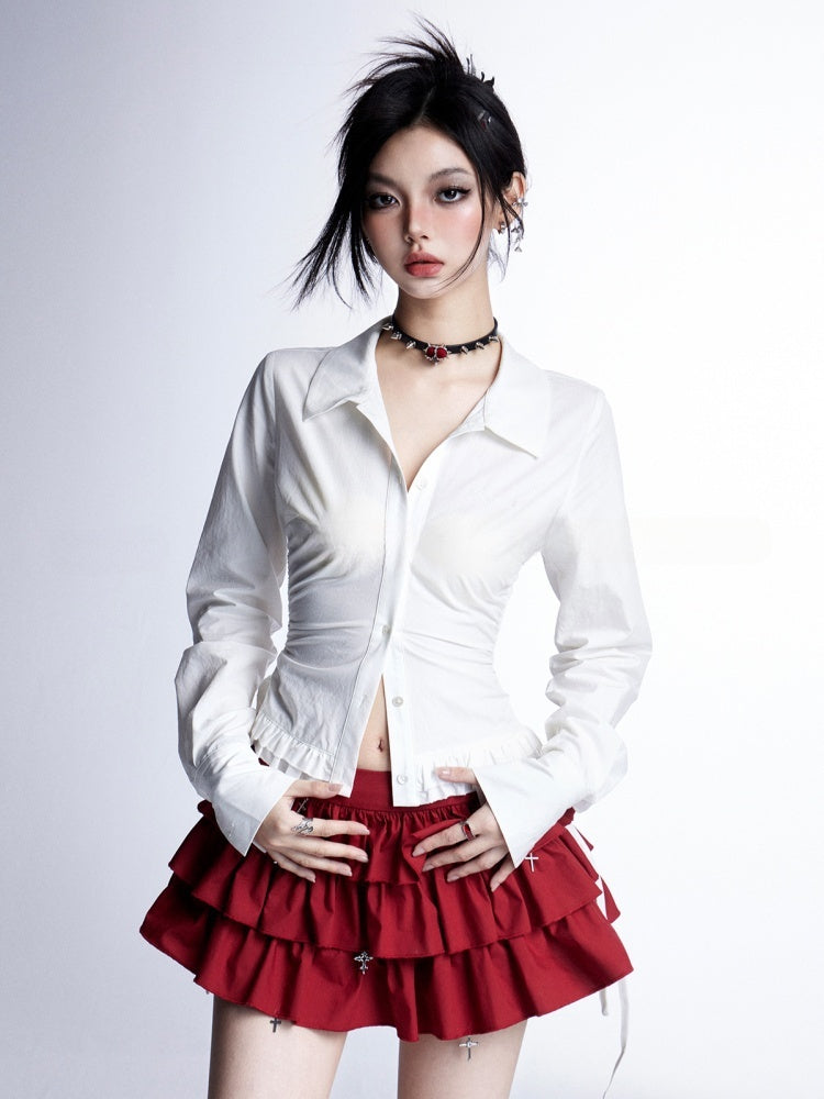 Gothic Red Cross Applique White Cropped Strapless Top/Red Cross Charms Tiered Skirt