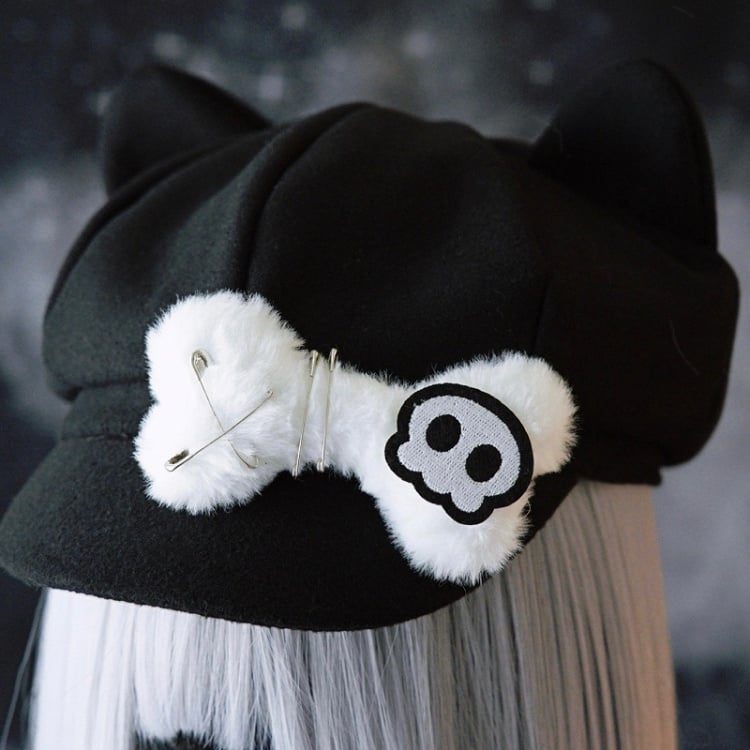 Black Gothic Skeleton Applique Pin Decorated Plush Bone Design Cat Ear Beret Hat
