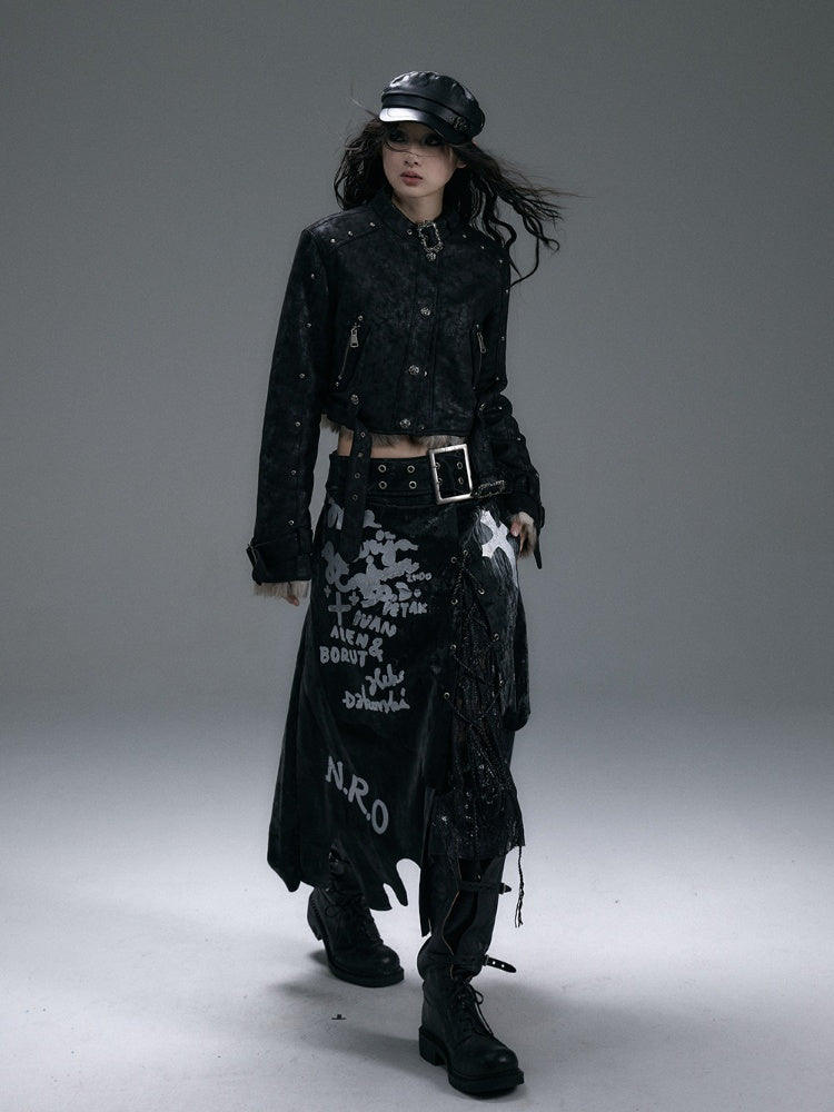 Black/White Asymmetrical Hem Lace-up Detail Skirt with Lace Patches