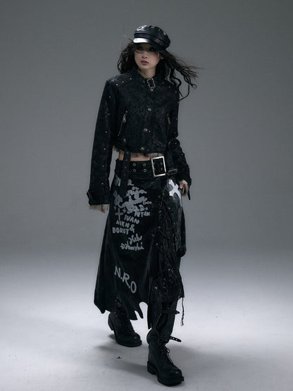 Black/White Asymmetrical Hem Lace-up Detail Skirt with Lace Patches