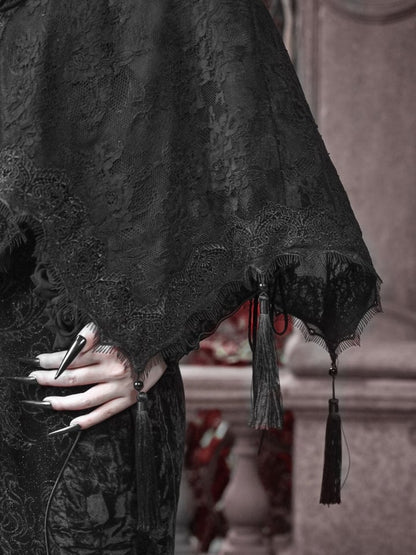 Black Goth Vampire Stand Collar Lace Shawl Cape Tassels Hem