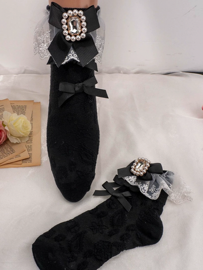 White/Black Jirai Kei Bowknot Details Rhinestone Lace Cuffs Calf Socks