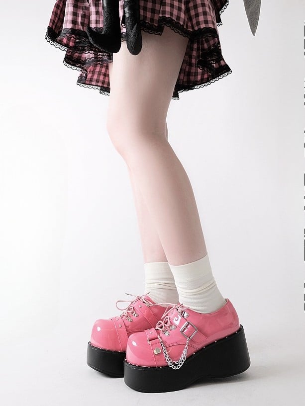 Watermelon Red Y2K Bittersweet Studs Details Chain Charm Front Lace-up Ties Platforms
