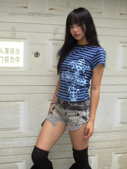 Dark Blue/Light Purple Stripe Pattern Cross Print Top