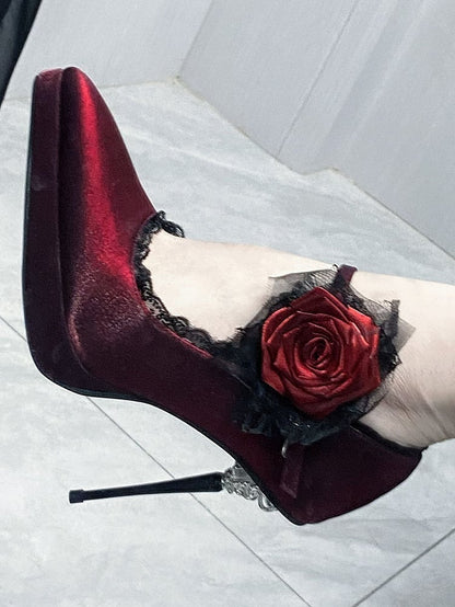 Red Gothic Floral Decorated Pointed Toe Satin High Heels