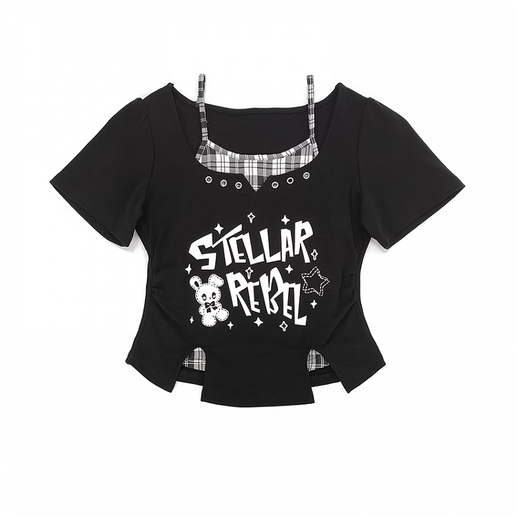 Y2K Black & Pink/Black & White Bunny Print T-Shirt Faux Two-Pieces